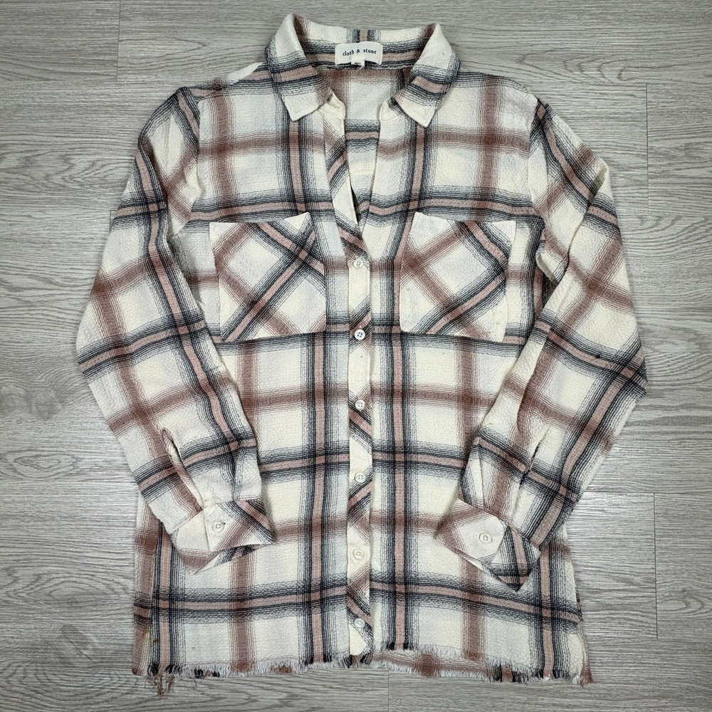 Cloth & Stone Women's Button Down Shirt Plaid Raw Hem White Brown XXS Frayed Hem